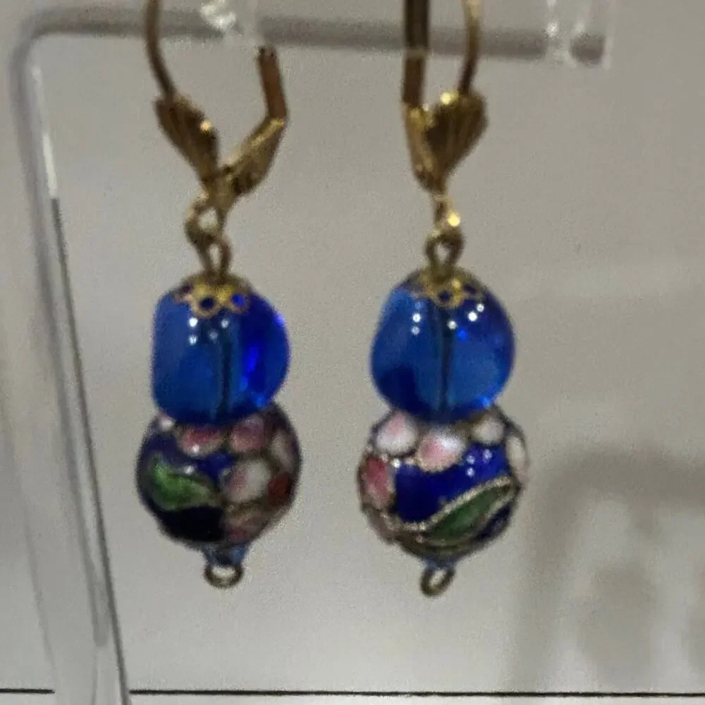 Cloisonne dangle pierced earings blue glass enamal gold deco